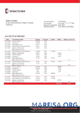 Downloadable Cameroon Afriland First bank statement word template